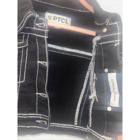 NWT PCTL Black Jean Jacket White Stitching Button Up Emo Goth Grunge Sz Med - Picture 3 of 6